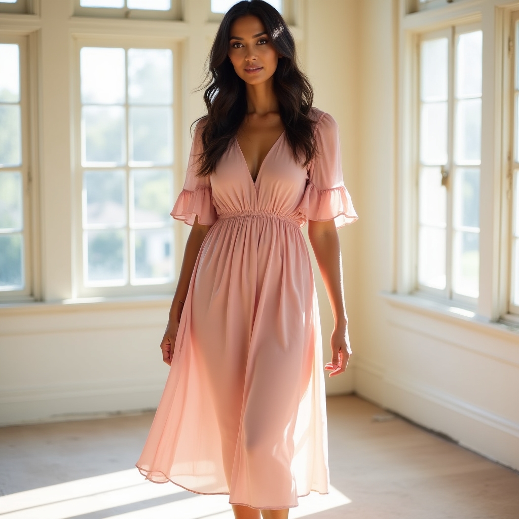 Dusty blush midi dress with a relaxed waist and flutter sleeves, photographed on a woman in a sunlit room