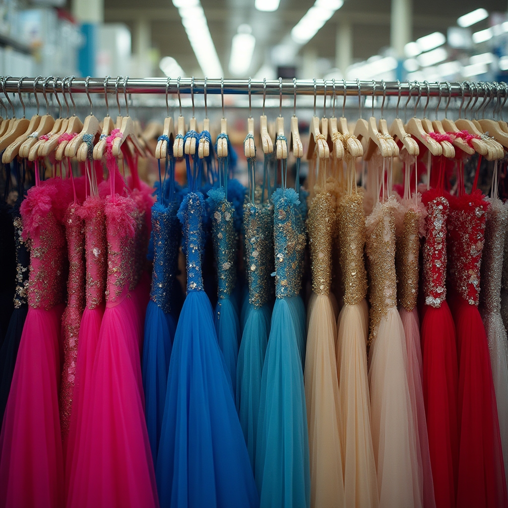 Overwhelming rack of heavily embellished formal dresses in a crowded store