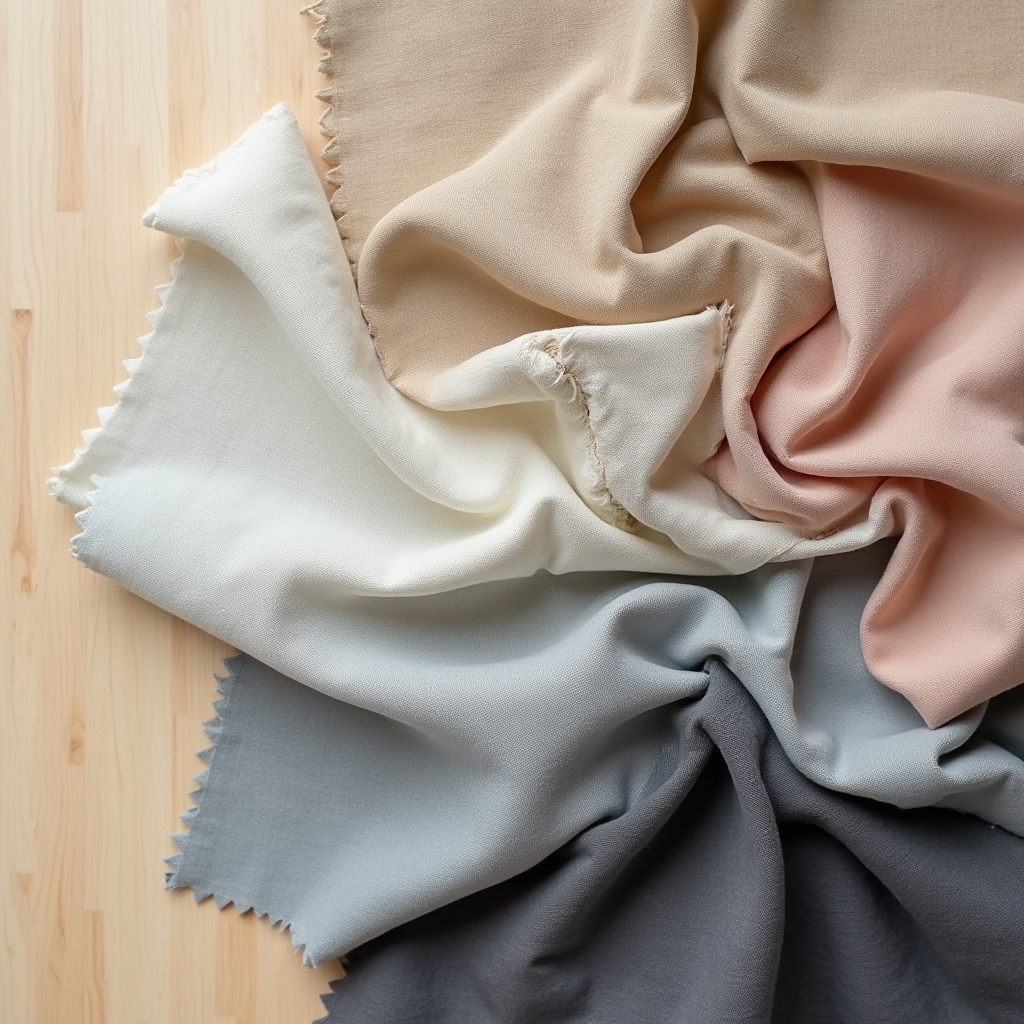 Close-up of fabric swatches in neutral tones — ivory, sand, stone, slate — laid out on a light wood surface in natural light