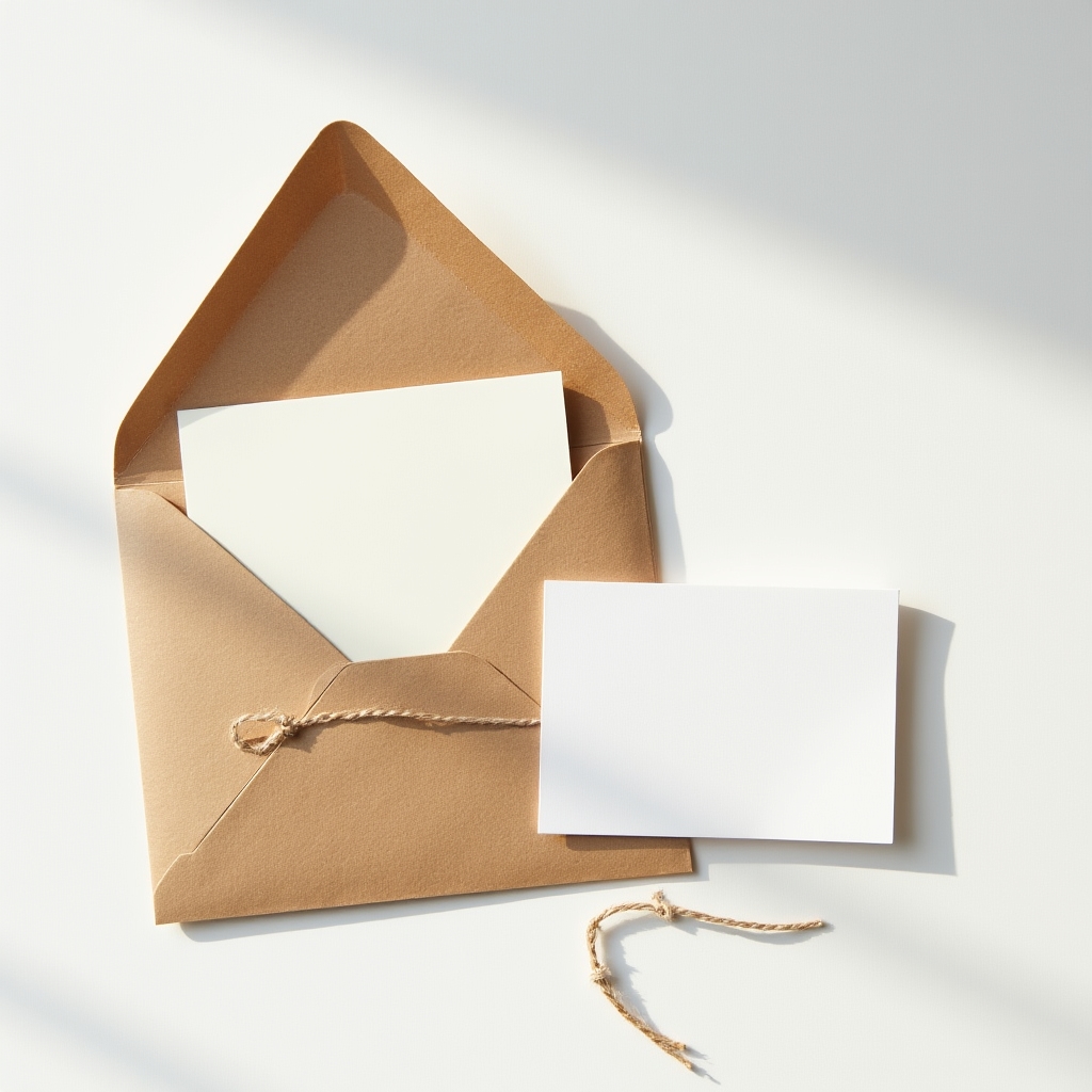 Elegant Grace and Thread gift card in a minimal kraft envelope with a handwritten note on a clean white surface