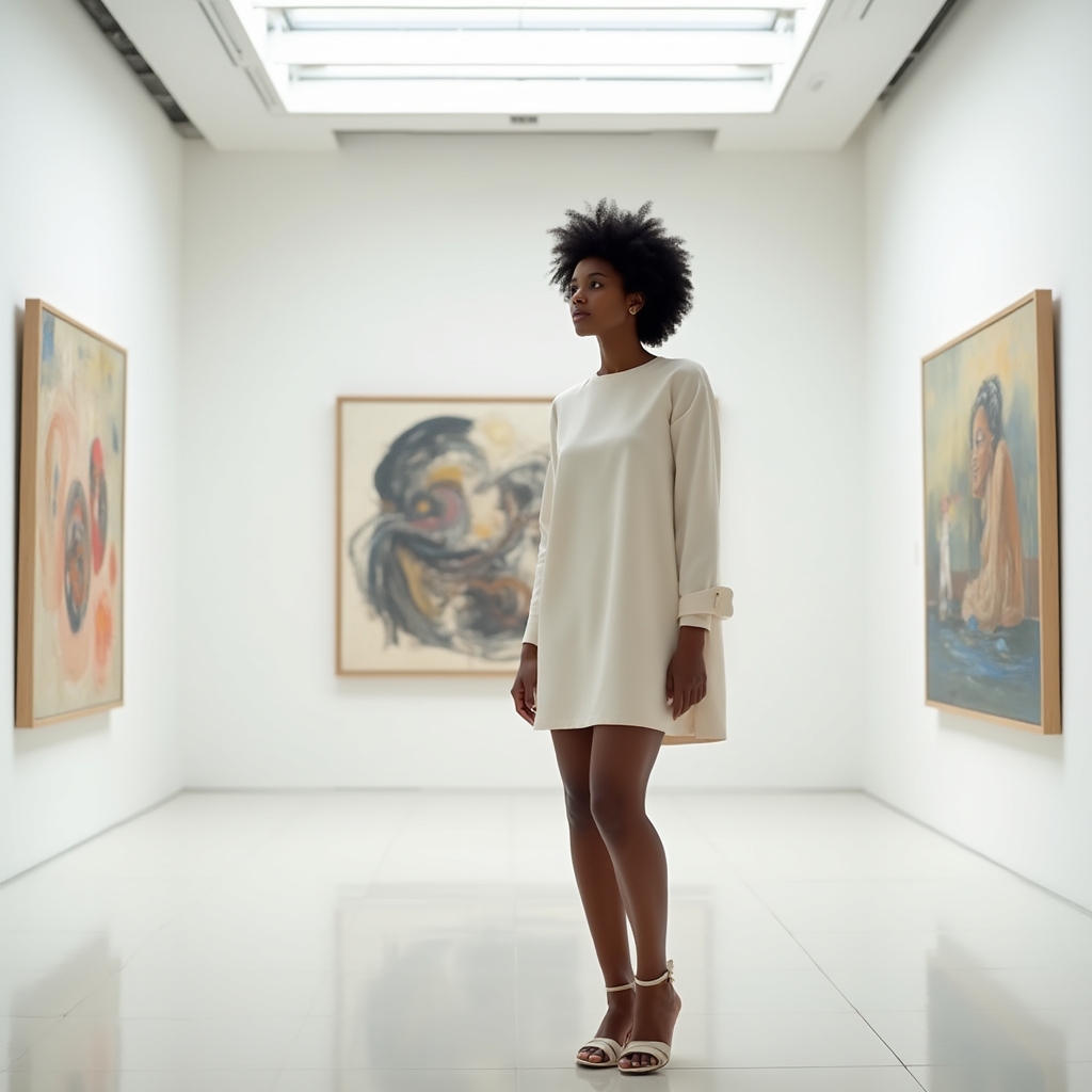 Ivory structured shift dress with subtle A-line silhouette worn by a woman in a bright gallery space