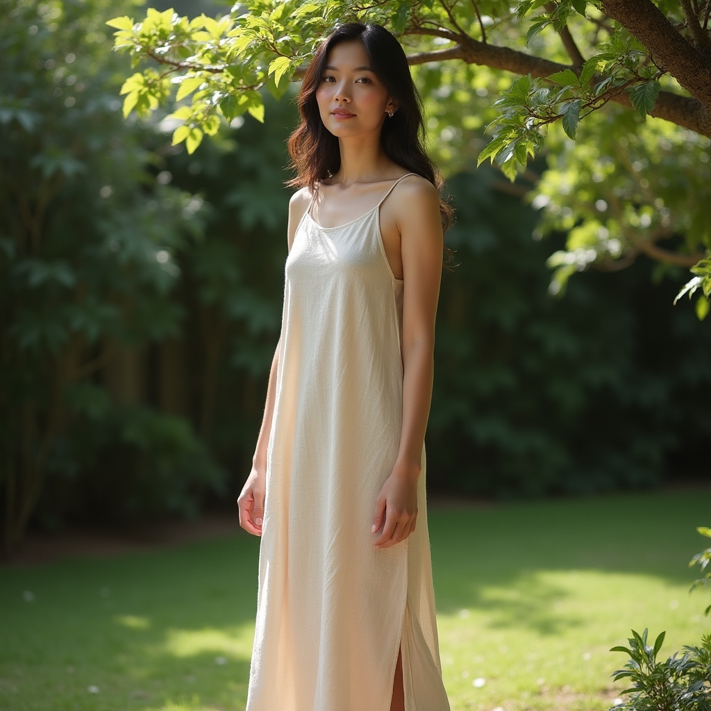 Straight-cut sand linen column dress with minimal neckline, photographed on a woman in natural light