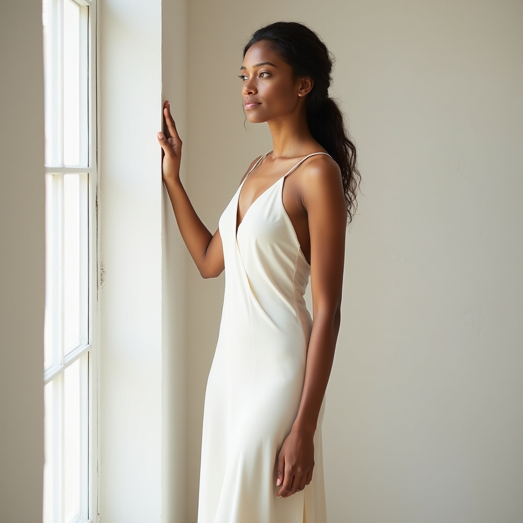 Woman in an elegant minimalist ivory dress standing in natural window light, relaxed and confident
