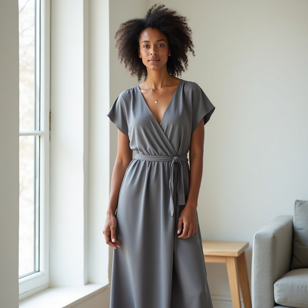Slate grey midi wrap dress with clean V-neckline on a woman standing near a window in soft daylight