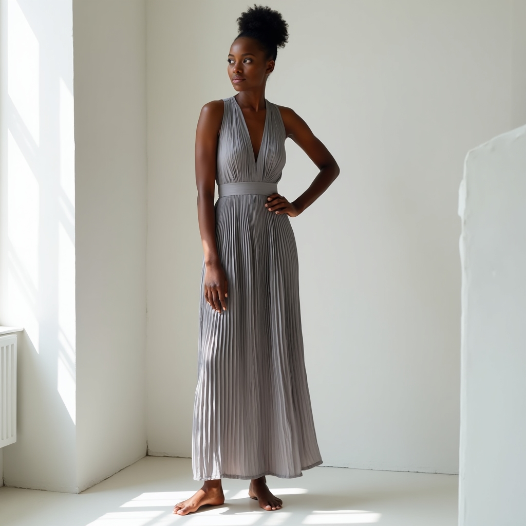 Stone-coloured pleated dress with structured bodice and flowing skirt, worn by a woman in a minimalist interior